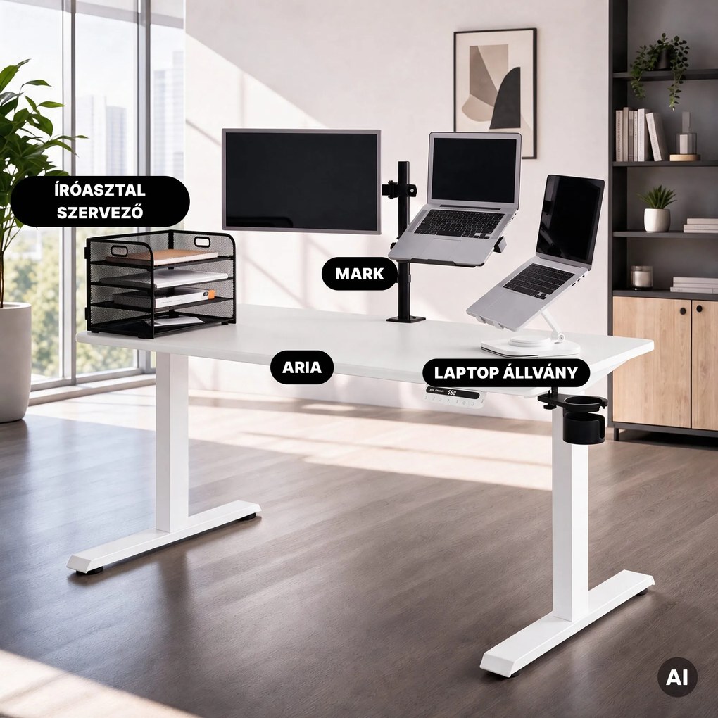 Elektromos, állítható magasságú, ergonomikus, fehér íróasztal,1400x700 mm: ARIA