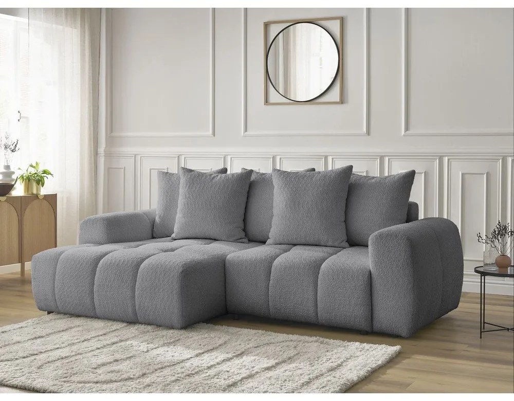 Szürke buklé kinyitható-tárolóhelyes sarokkanapé (bal oldali-heverő résszel) Roxelane – Bobochic Paris
