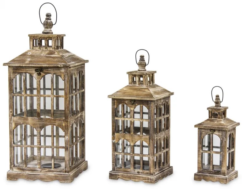 Vintage barna koptatott fa mécsestartó üvegezett lámpás lantern 3db-os szett 80x31 / 59x23 / 42x16cm