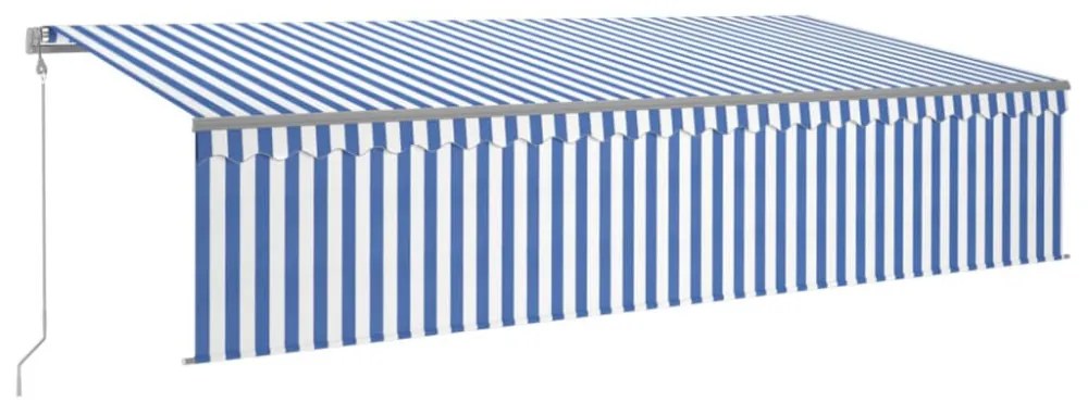 kék és fehér redőnyös, szélérzékelős, LED-es napellenző 6x3 m