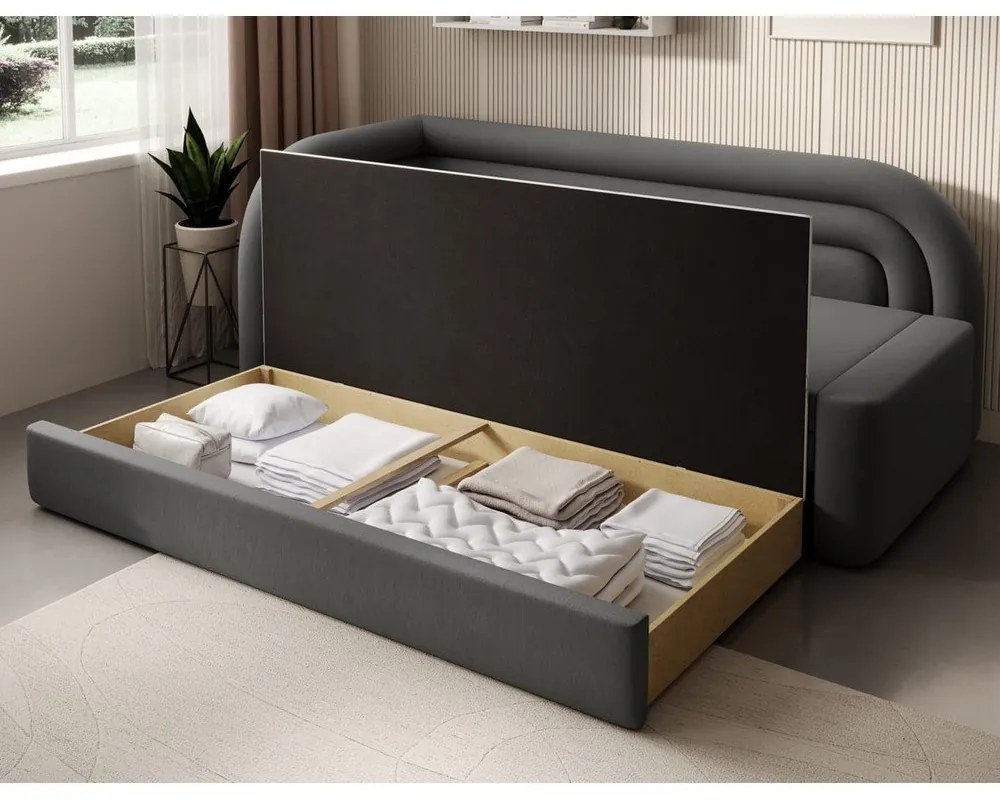 Szürkésbarna bársony kinyitható-tárolóhelyes kanapé jobb oldali 223 cm Fabillo – ELTAP