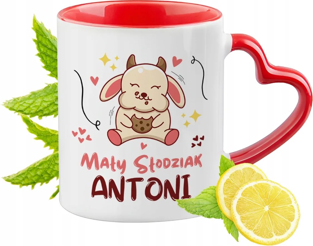 Piros bögre szív alakú füllel Antalnak ajándékba