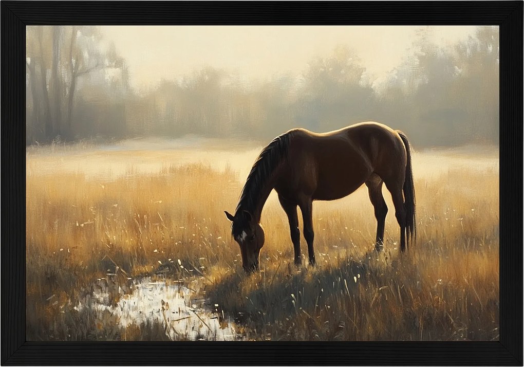 Poszter Keret Fa Tájkép Szabadtéri Rét Ló Gesztenye Reggel Köd 60x40