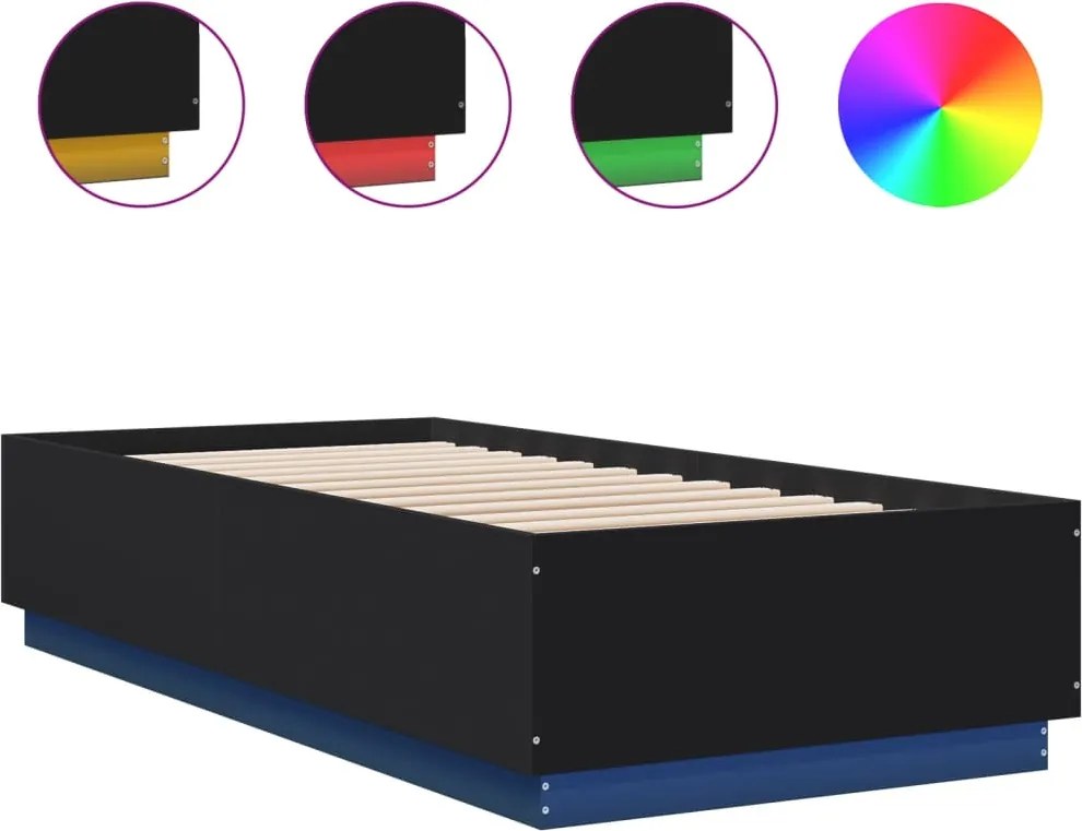 vidaXL fekete szerelt fa ágykeret LED-világítással 90 x 200 cm