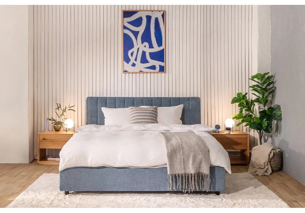 Kék kárpitozott franciaágy tárolóhelyiséggel, matraccal/ráccsal 180x200 cm Myra Slim Line - Bonami Selection