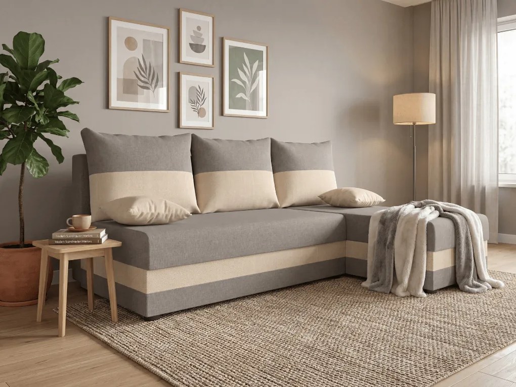 Ágyazható, kétoldalas L alakú kanapé VALERIO SLIM 200x140 cm, világosszürke/bézs színű + 2 db díszpárna INGYEN