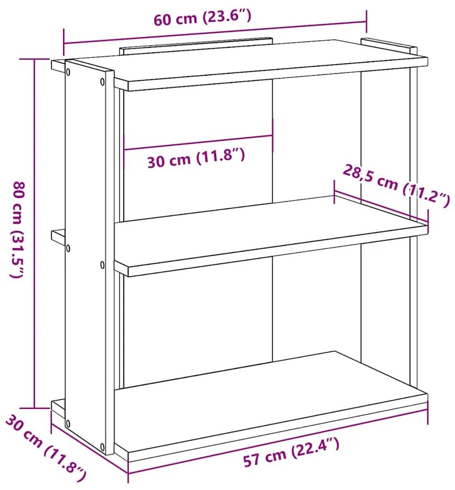 3 szintes füstös tölgy színű szerelt fa könyvespolc 60x30x80 cm