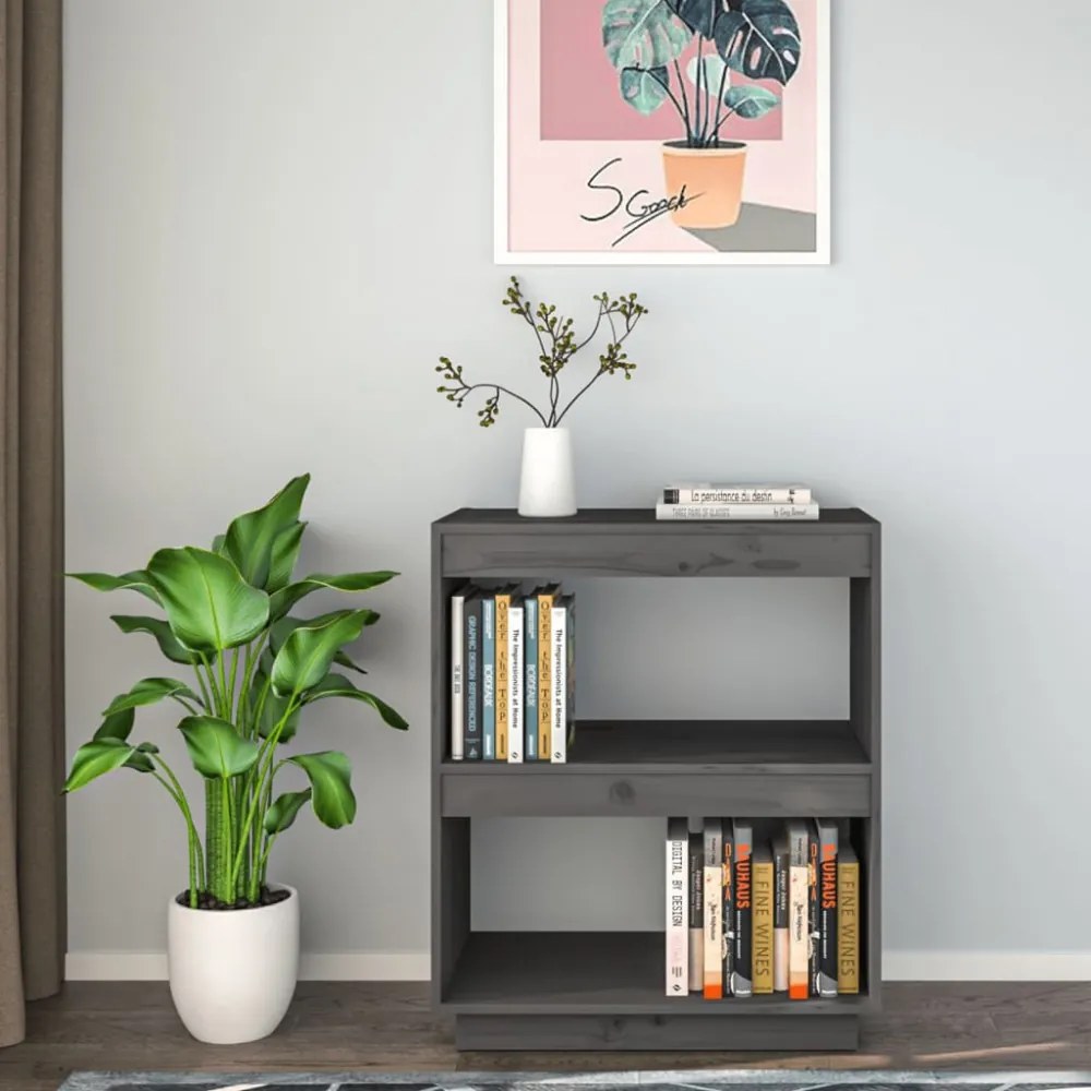 szürke tömör fenyőfa könyvszekrény 60 x 35 x 71 cm