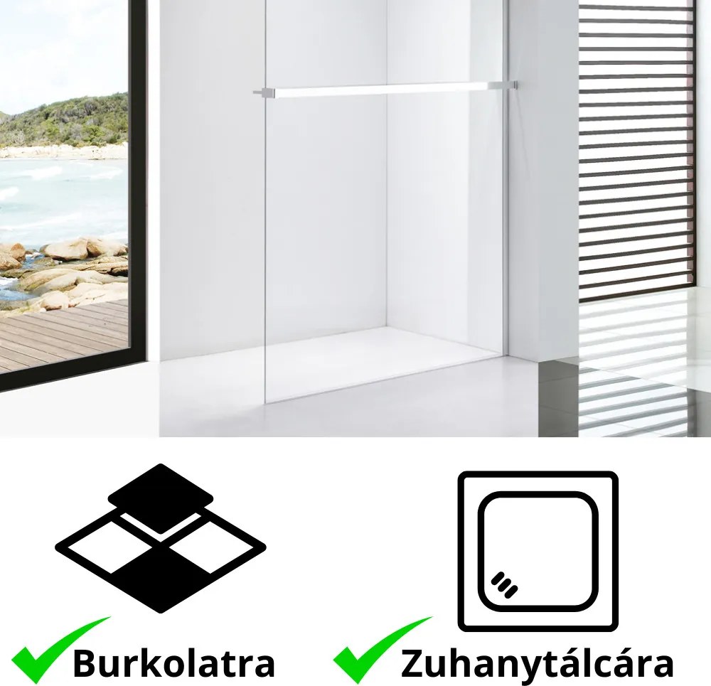 Stuxi Milano Plus Walk-in zuhanyfal, 130x200 cm, 8 mm vastag vízlepergető biztonsági üveggel, króm profillal, távtartóval, polccal és törölközőtartóval