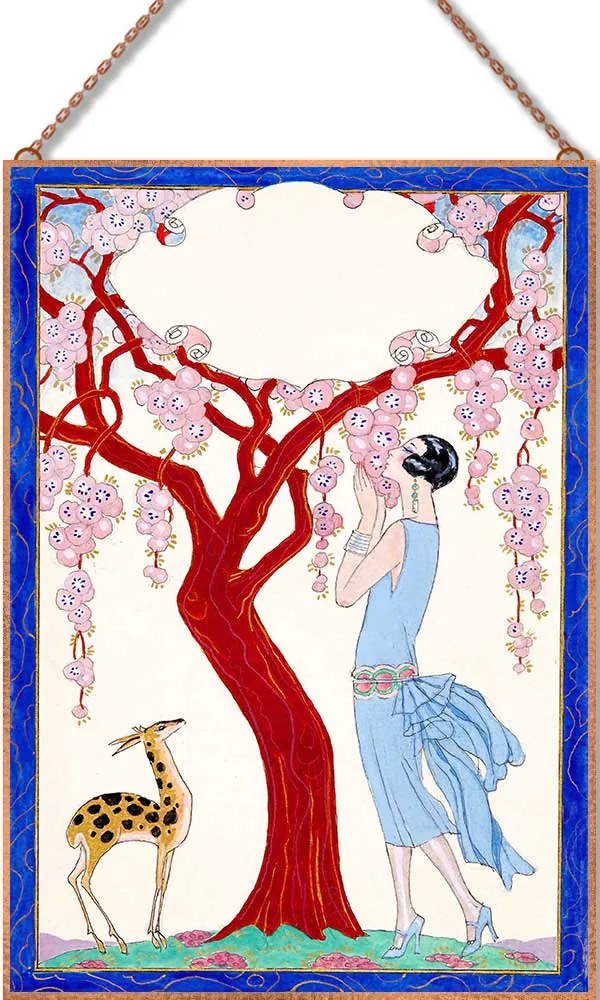 George Barbier - Femme, faon et arbre rouge üvegkép, falikép