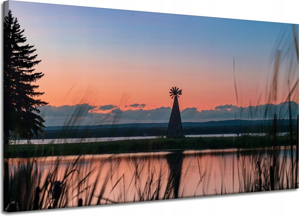 Vászonkép Szélmalom Ég Természet Naplemente Tó Fű 120x70