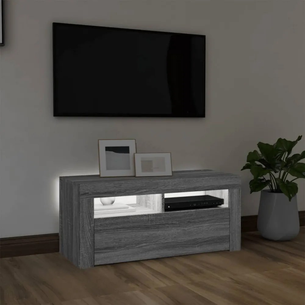 szürke sonoma színű TV-szekrény LED-világítással 90x35x40 cm