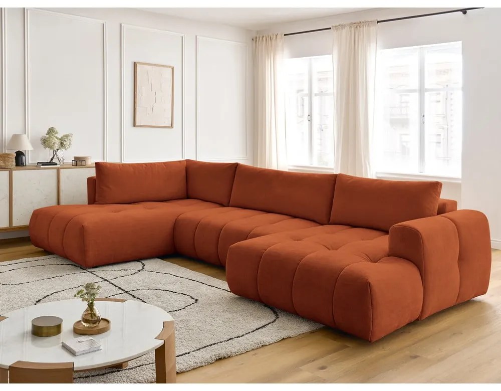 Téglavörös kinyitható-tárolóhelyes sarokkanapé (bal oldali-U alakú) Fuji – Bobochic Paris