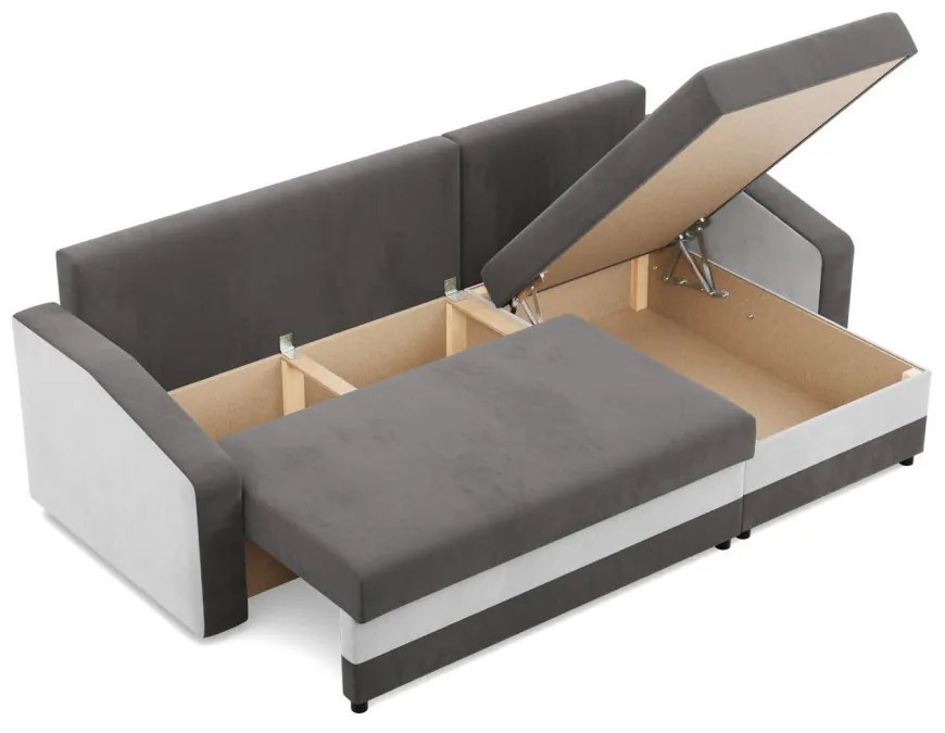 Hewlet sarokkanapé, 2 ágyneműtartóval, szövet anyag, univerzális oldal, hab töltet, szürke - fehér