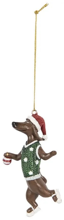 Karácsonyfadísz pöttyös zöld pulcsis mikulássapkás tacskó