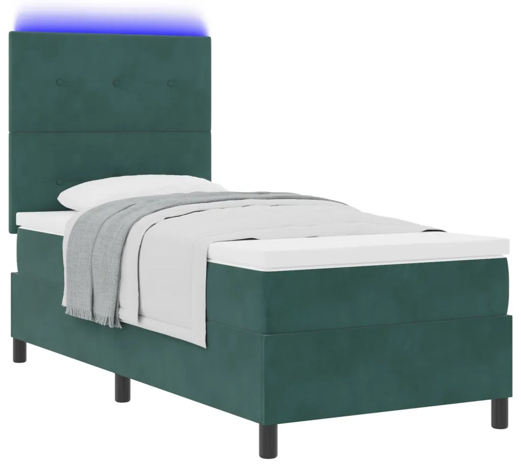 Boxspring Ágy Matrac és LED Sötét Zöld 90x190 cm Bársony