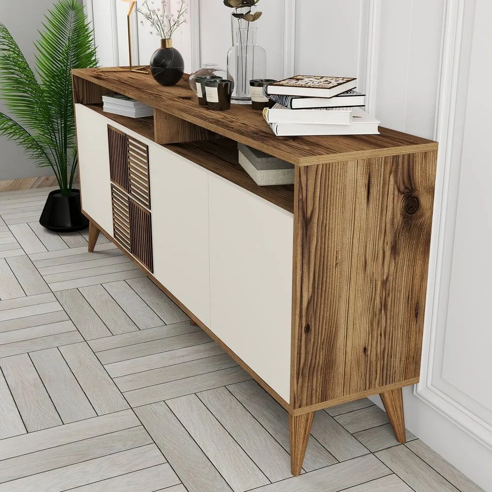 Krémszínű-natúr színű alacsony komód diófa dekorral 180x79 cm Milan – Kalune Design