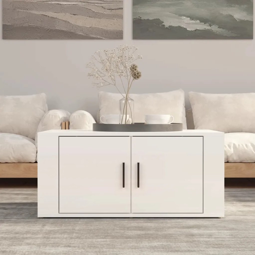 Magasfényű fehér szerelt fa dohányzóasztal 80 x 50 x 36 cm