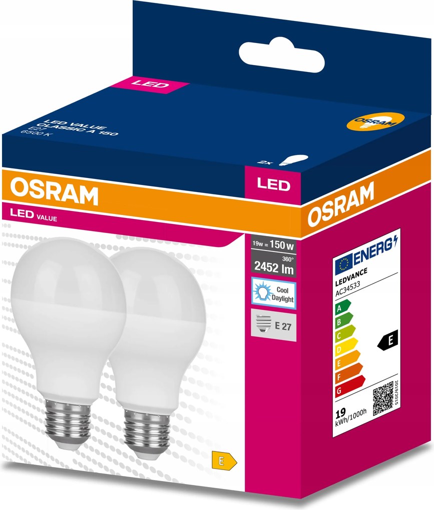2x Led izzó E27 A68 19W 150W 2452lm 6500K Hideg 200° Osram Value
