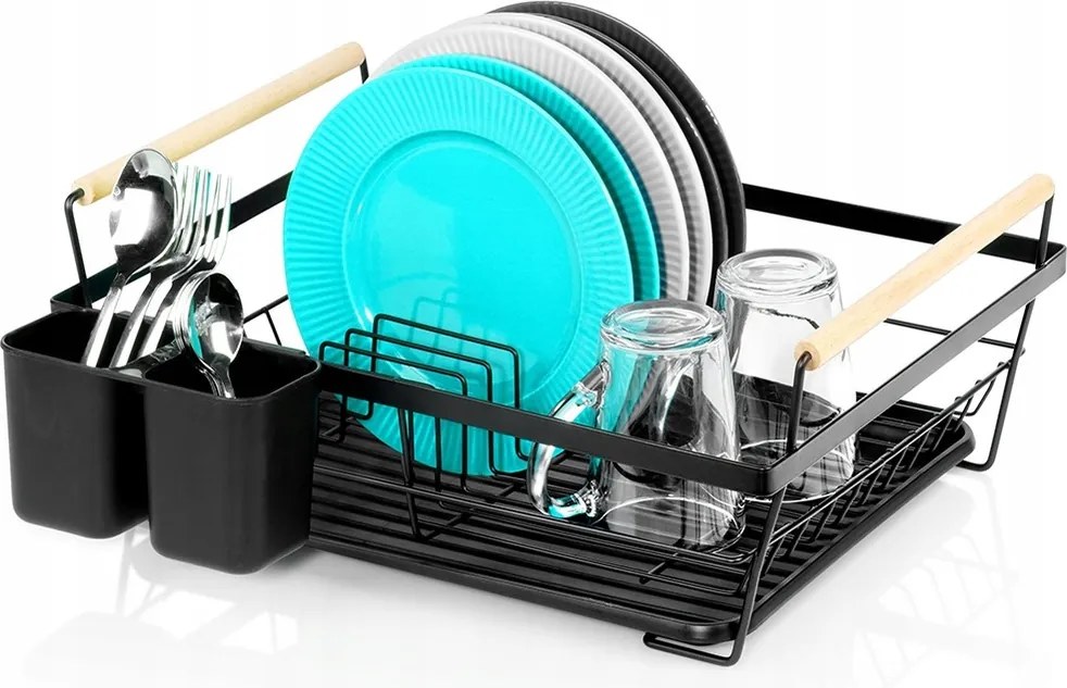 Edényszárító Álló Csepegtető Fém Fekete, Evőeszköztartó Tálcával