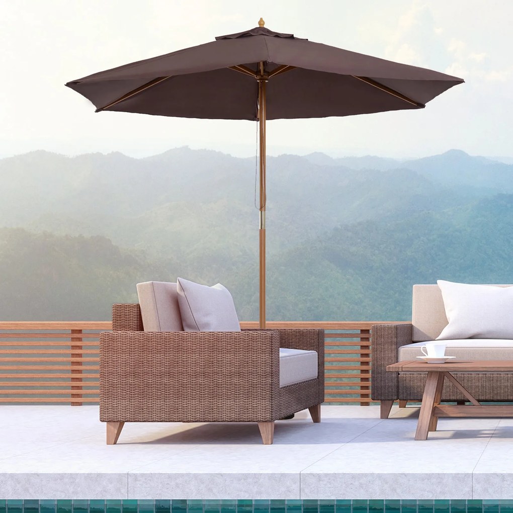 Outsunny Tálcaernyő Ø250x230 cm Teraszi Napernyő 6 Bambusz Ribs Lefogható Oszlop Anti-UV Vízálló Fa Keret Tengerpartra és Teraszra Barna | Aosom