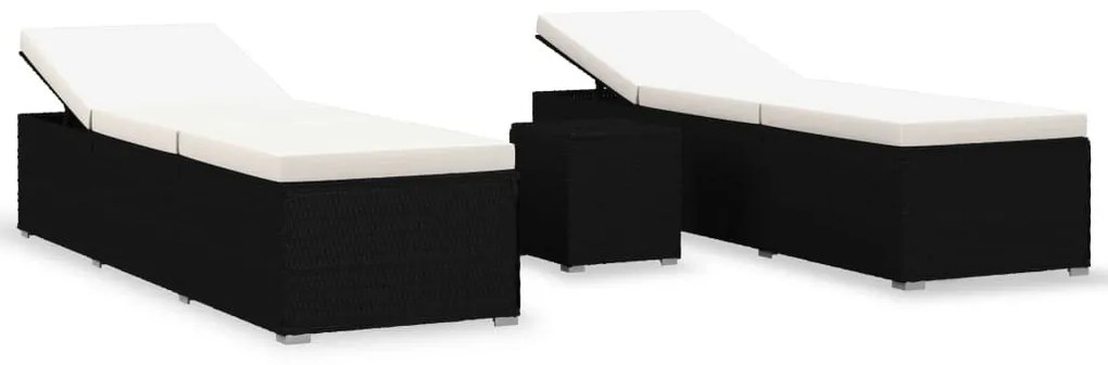 3 részes fekete polyrattan kerti napozóágy szett asztallal