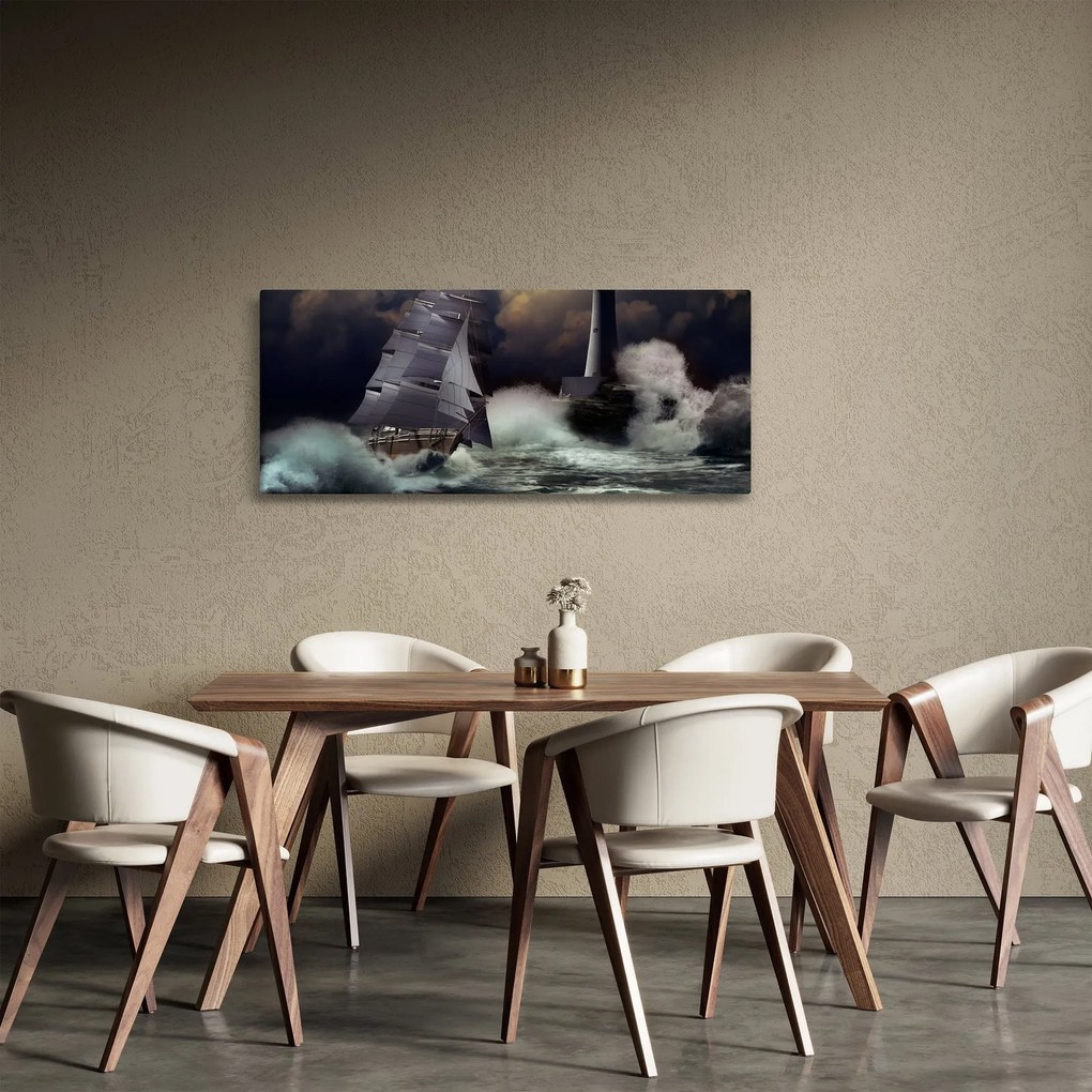 Kép - Viharos hullámokon áthajózó hajó (120x50 cm)