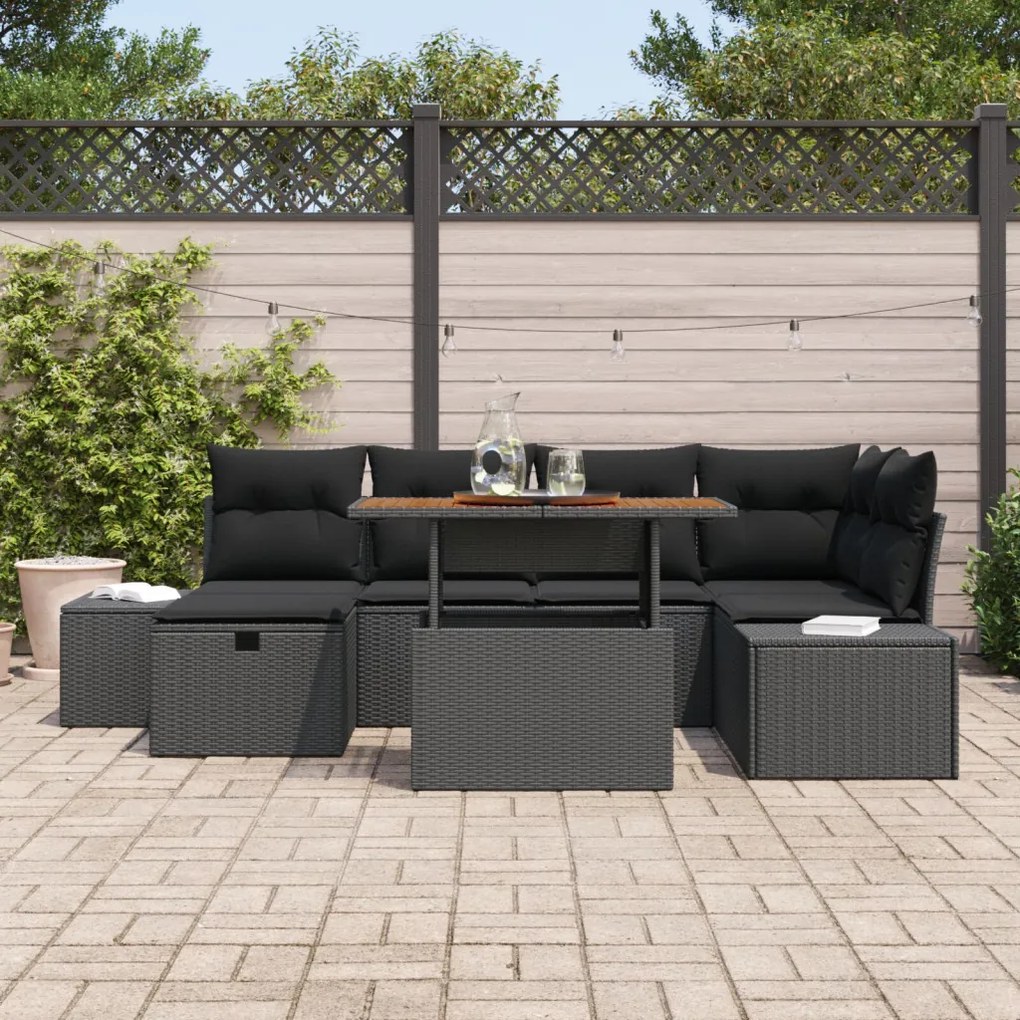 7 darabos Kerti Étkező Garnitúra Párnákkal Fekete Poly Rattan Akácia