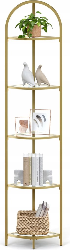 Sarokpolc, 5 szintes növénytartó állvány, szabadon álló,üveg, arany