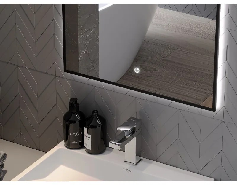 Mexen Erma, LED fürdoszobai tükör háttérvilágítással és fekete kerettel 60x80 cm, 6000K, páramentesíto, 9814-060-080-611-70