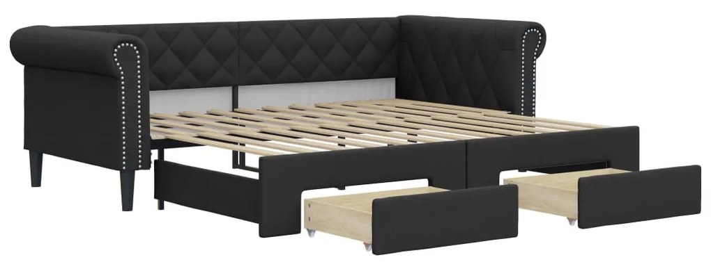 fekete kihúzható műbőr heverő fiókkal 90 x 200 cm