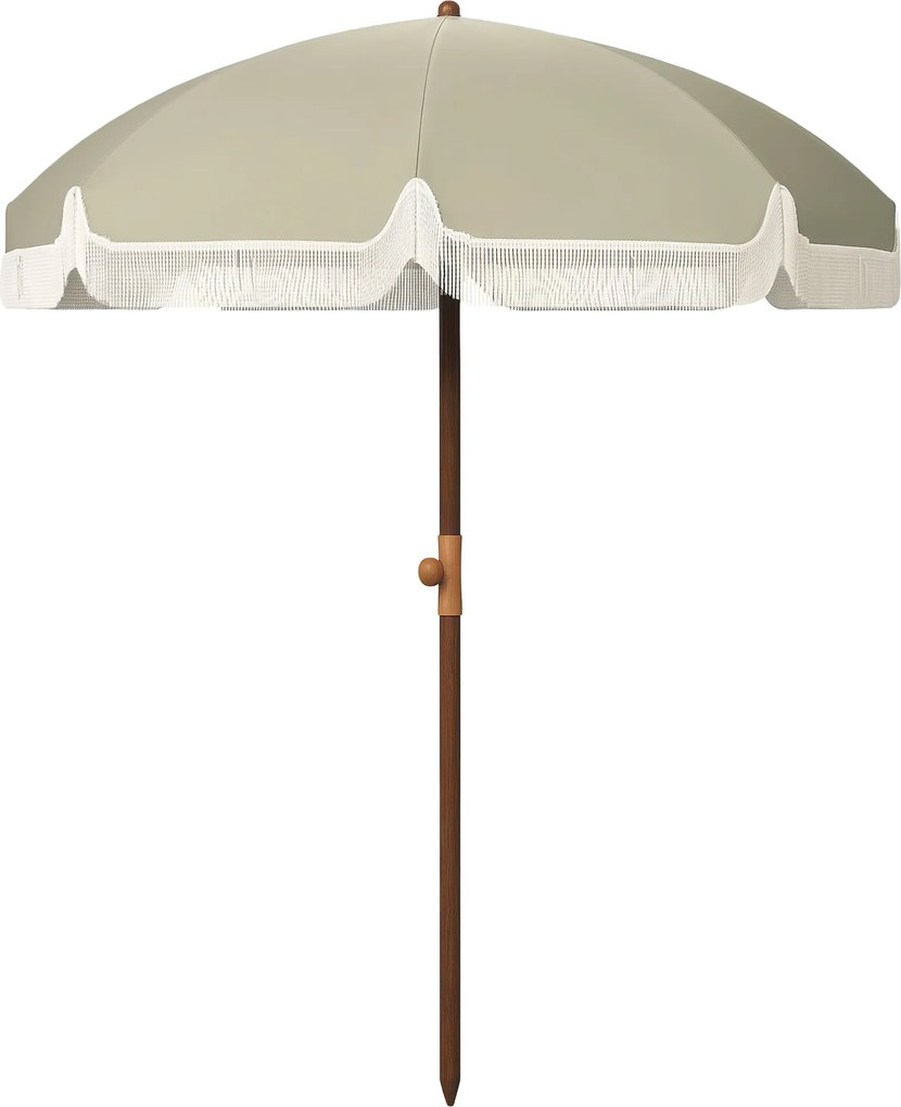 Outsunny Nagy Strandernyő Fringes Ø190 cm Kültéri Teraszernyő UV40+ Védelemmel, Szélálló, Vízálló, 32 mm Átmérőjű Cövek és Világos Olajzöld Szállítótá