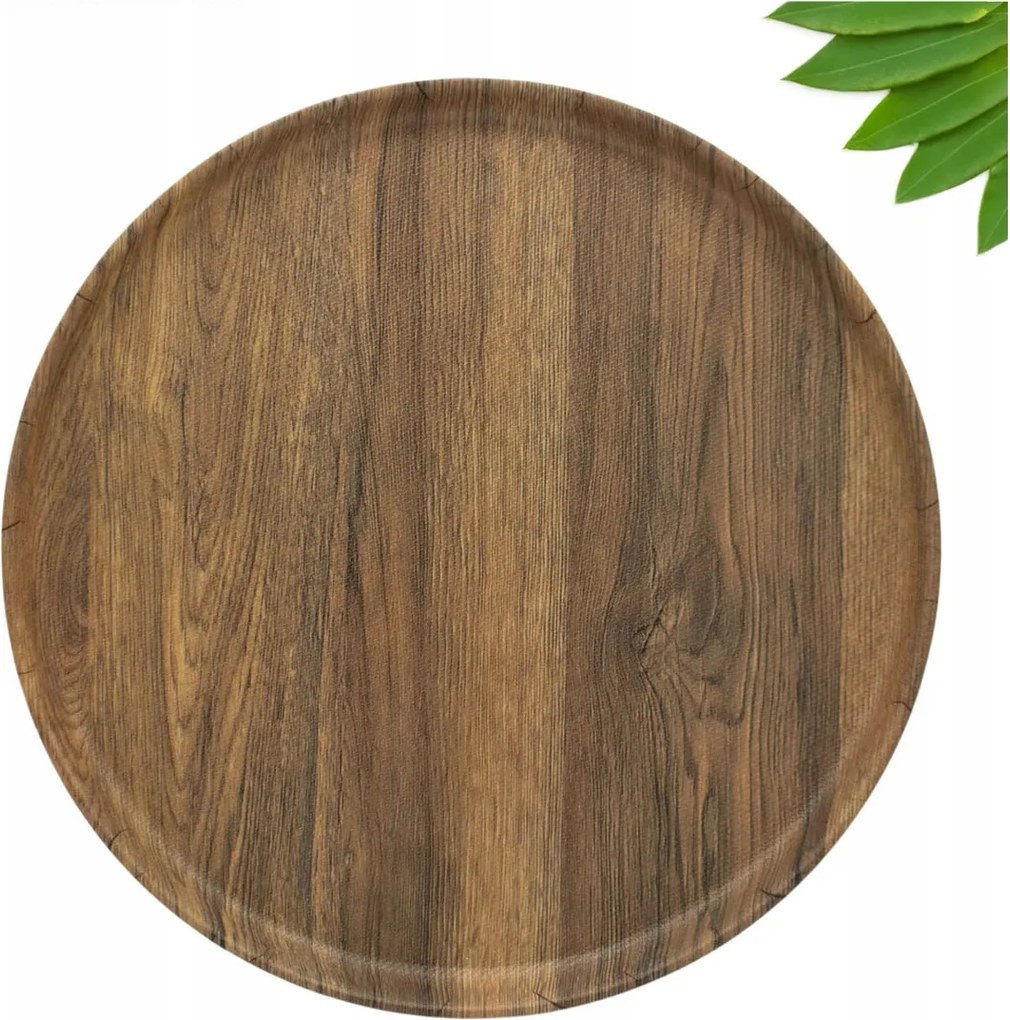 Tálca Műanyag Kerek Konyhai Tálca Fa utánzat Hordozható 37cm