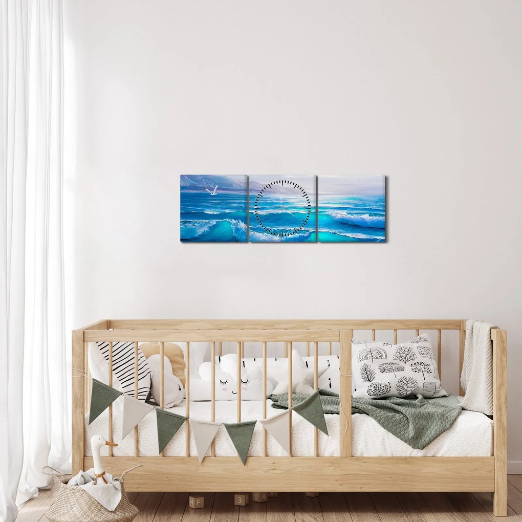 Kép - Olajfestmény a tengerről sirályokkal (órával) (90x30 cm)