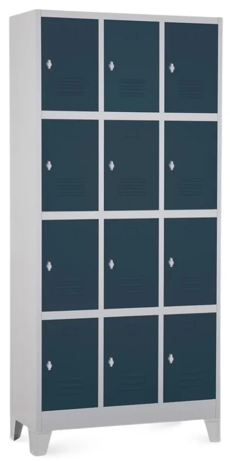 Fém szekrény - 12 doboz, 90 x 40 x 195 cm, fix lábakkal, lakathoz zár, antracit - ral 7016