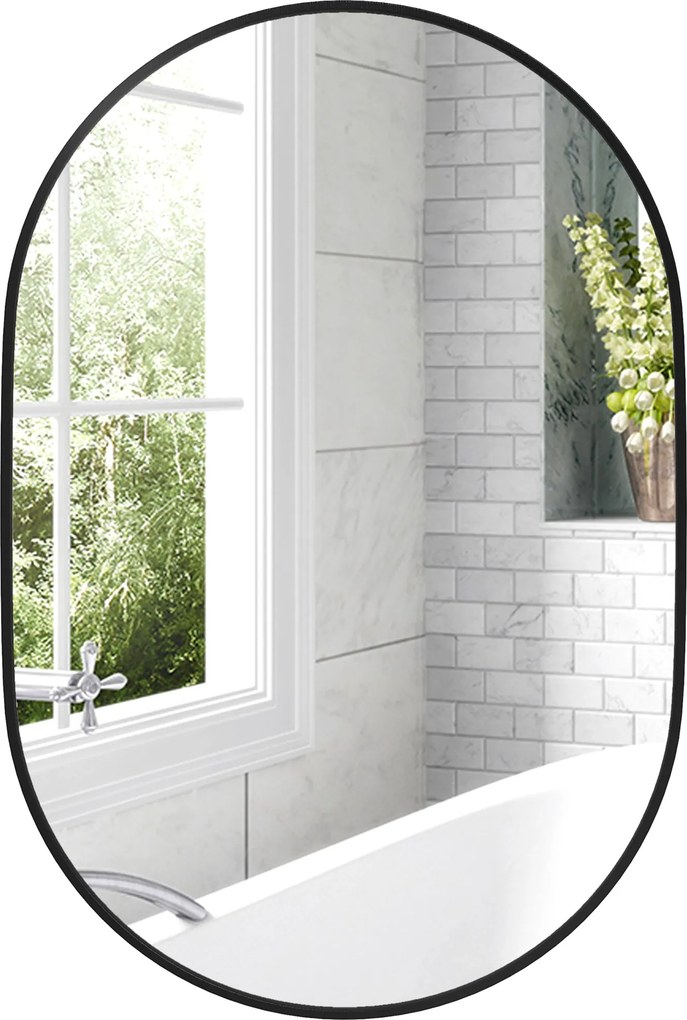 HOMCOM Ovális Tükör a Fürdőszobába 60x90cm Edzett Üveg, Modern Fali Tükör Alumínium Ötvözet Kerettel, Függőleges/Horizontal Beépítés, Hálószobába, Elő