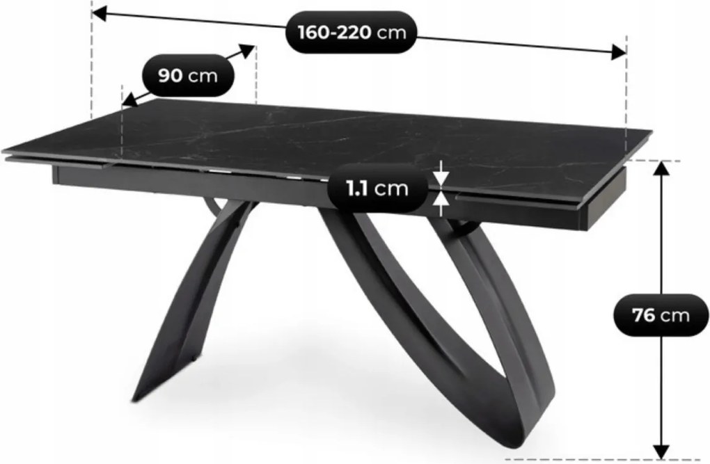 Kihúzható kerámia étkezőasztal 160–220 cm méretben, fekete márvány/fekete színben DEVON