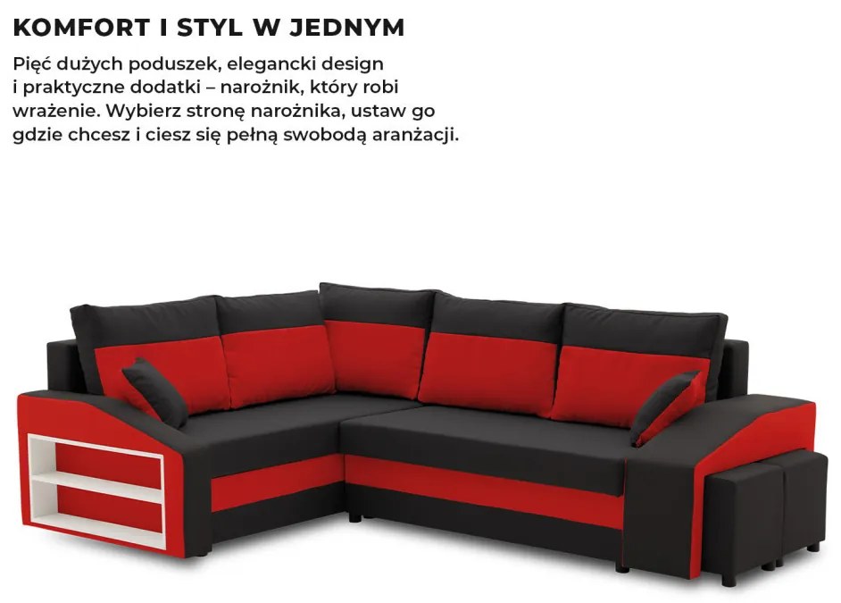 Grande sarokkanapé polcokkal és puffokkal , polc a bal karfaban puffok a jobb karfaban, baloldali, szövet anyag, hab töltet, fekete - piros