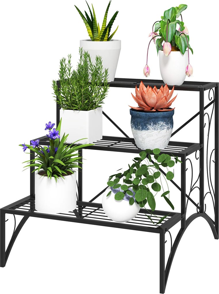 Outsunny 3-szintes növénytartó, beltéri és kültéri növénytartó, fémből, 60x60x60 cm, fekete | Aosom