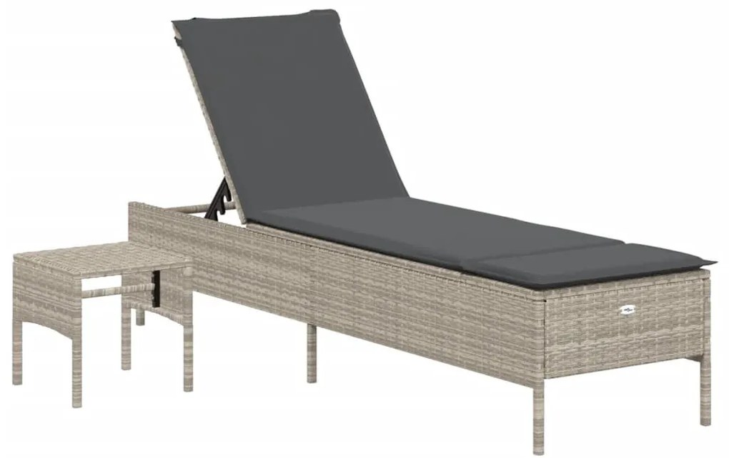 3 részes világosszürke polyrattan napozóágy szett párnával