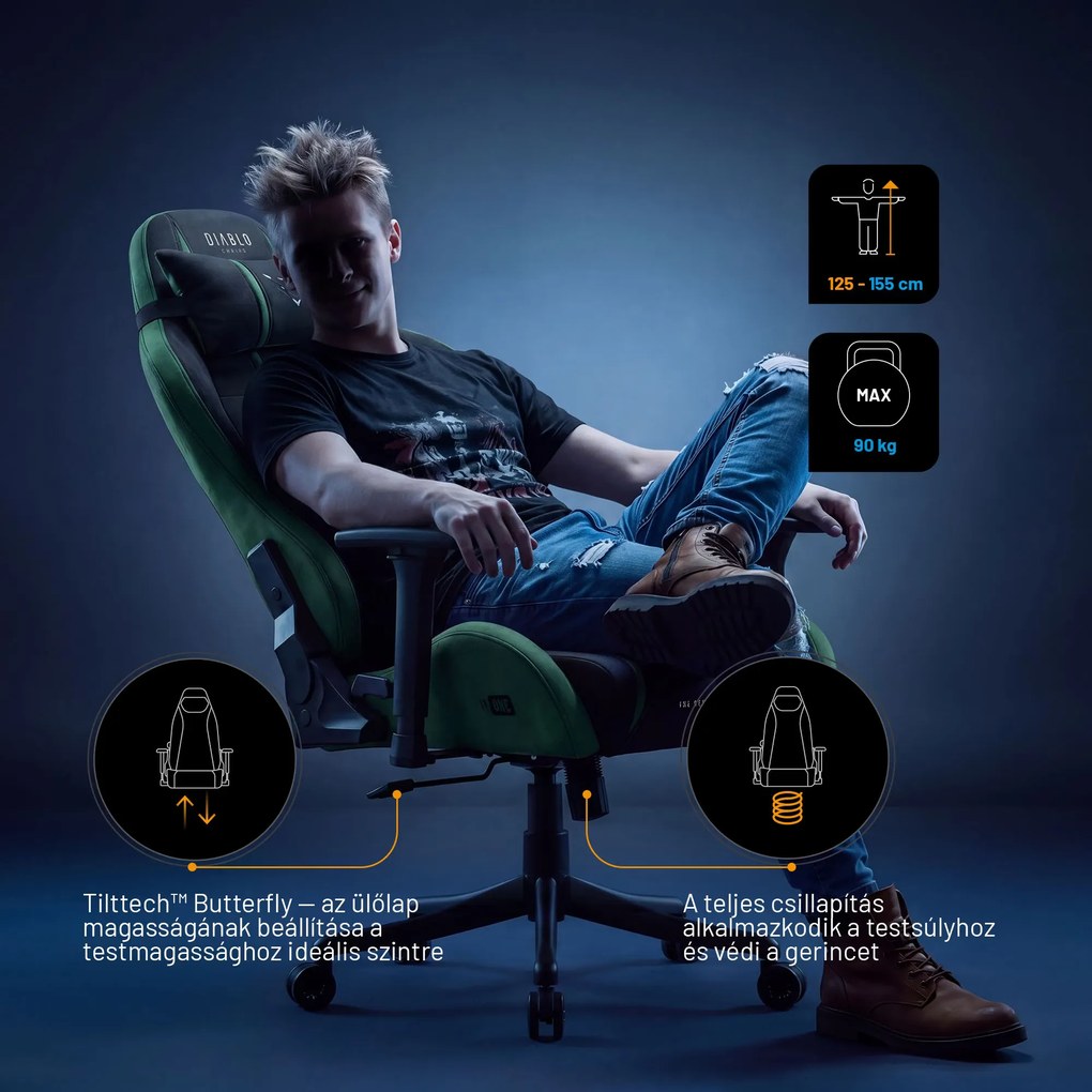 Gamer szék szövet Small Size, fekete-zöld: Diablo X-One 2.0 Forest Green