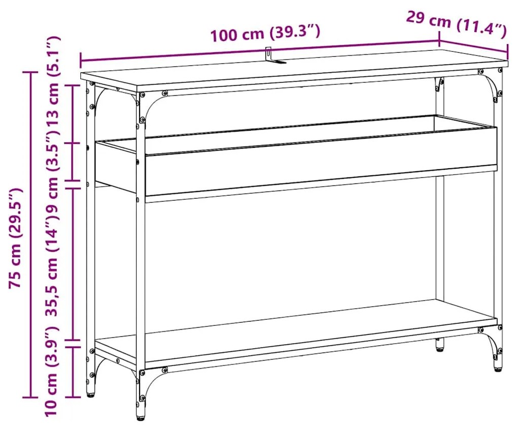 Konzolasztal polcokkal kézműves tölgy 100 x 29 x 75 cm Faanyag