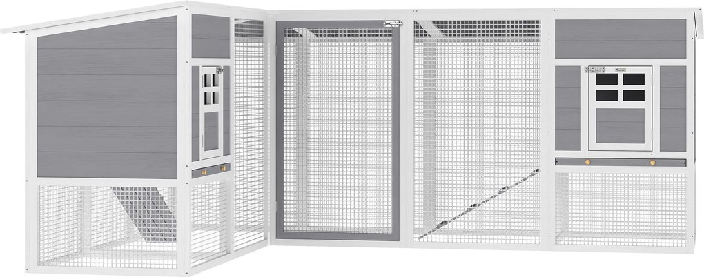 PawHut nagy kültéri fa tyúkól — L-alakú sarokól 2 fészekkel, kifutóval, kivehető tálcákkal, PET tetővel és rámpákkal, 251 x 192 x 103 cm | Aosom