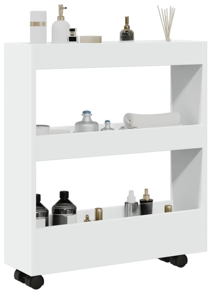 keskeny, 3 szintes, fehér, rétegelt fa tárolókocsi