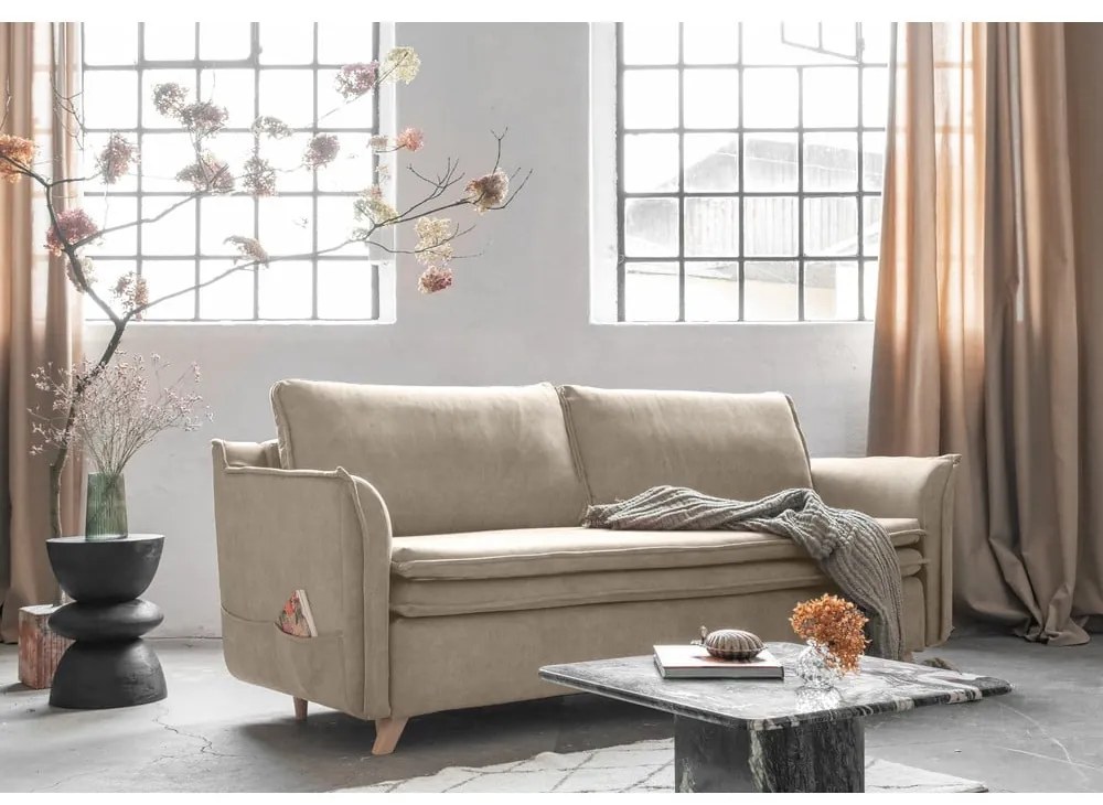 Bézs bársony kinyitható kanapé 225 cm Charming Charlie – Miuform