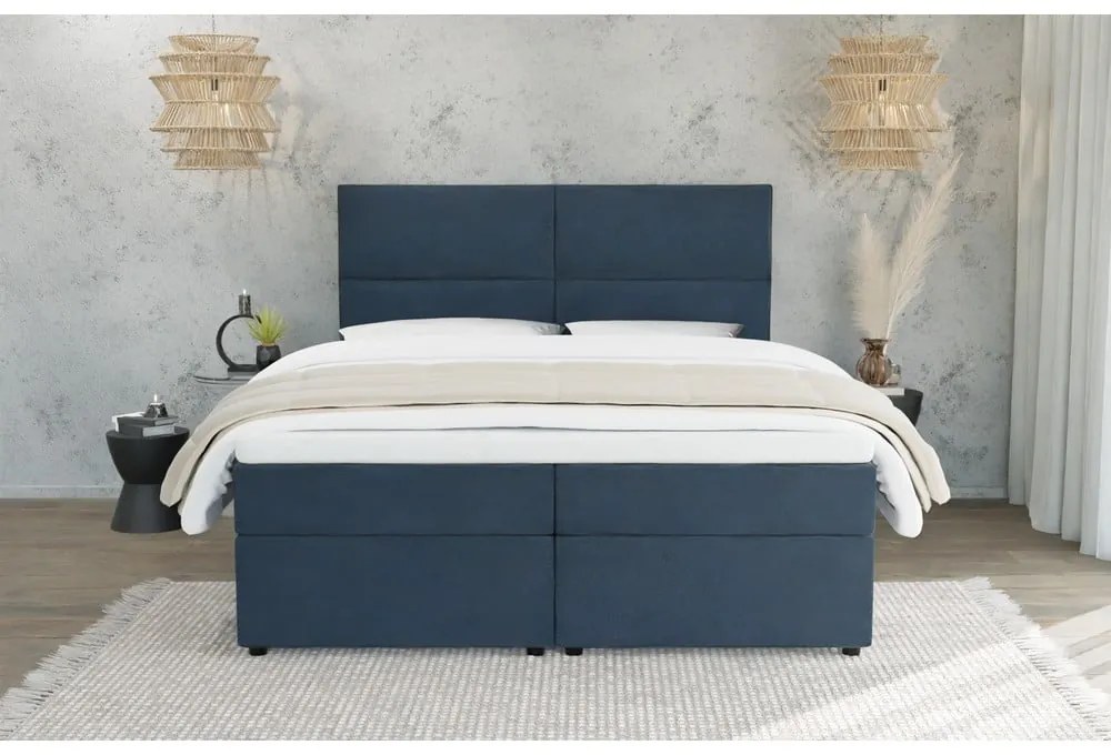 Sötétkék ágyneműtartós boxspring ágy 200x200 cm Rico – Ropez