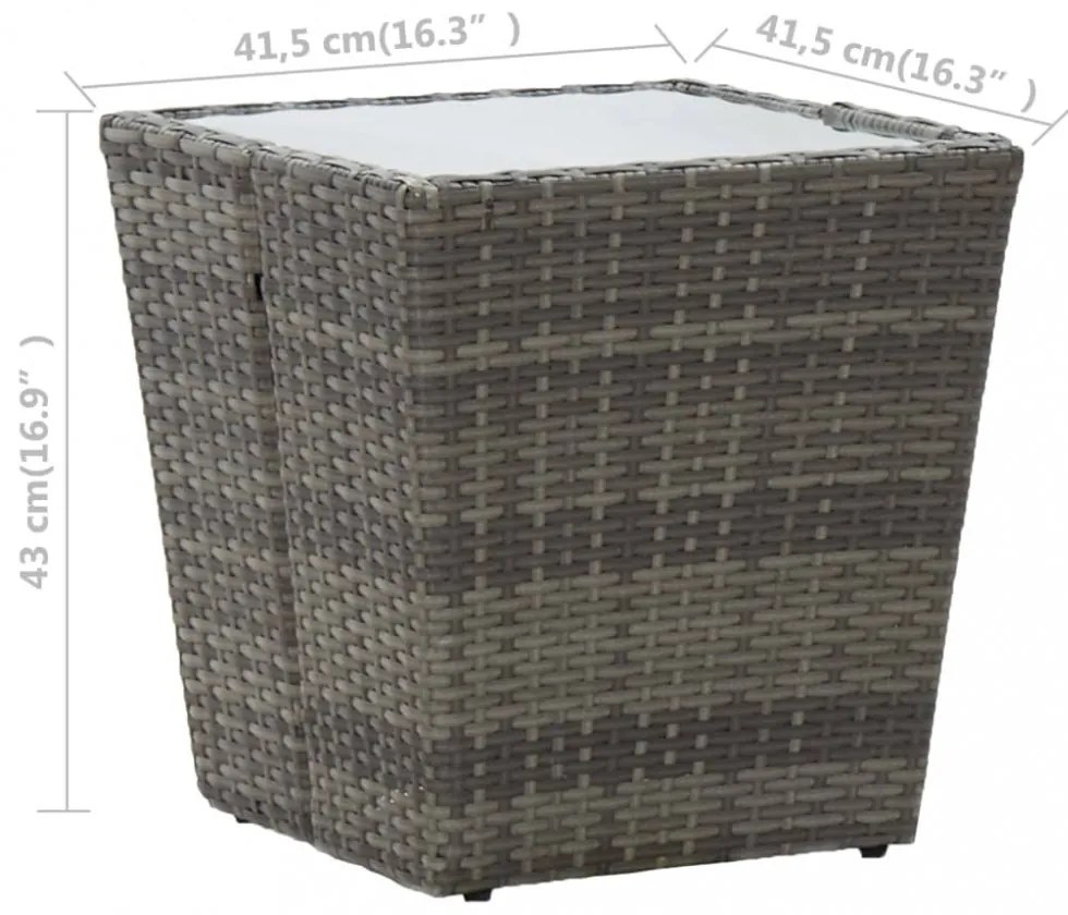 szürke polyrattan és edzett üveg teázóasztal 41,5x41,5x43 cm