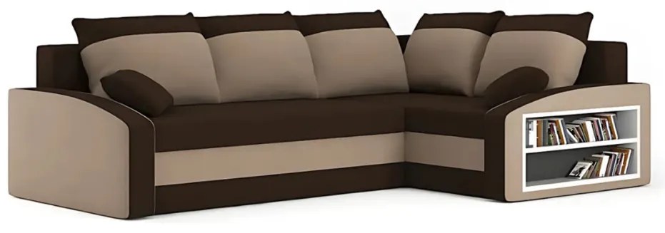 Grande sarokkanapé polcokkal , polc a jobb karfaban, jobboldali, szövet anyag, bonell töltet, barna