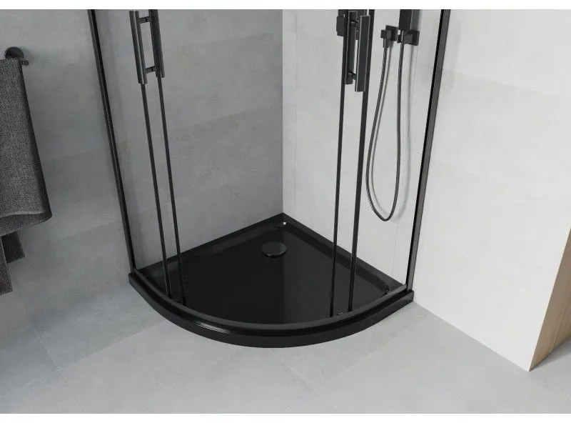Mexen Rio, negyed kör alakú zuhanykabin tolóajtóval 90 x 90 cm, 5mm átlátszó üveg, fekete profil + fekete zuhanytálca, 863-090-090-70-00-4170B