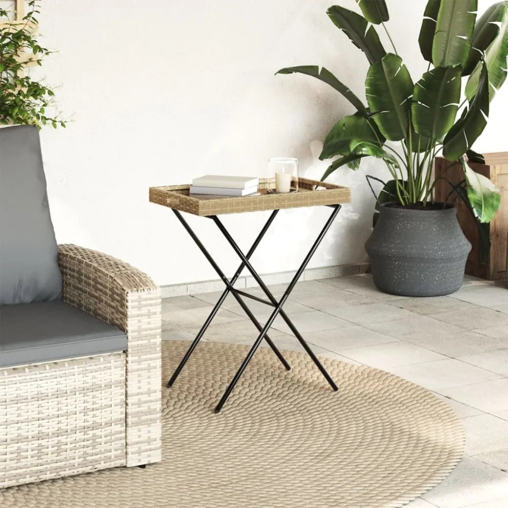 bézs összecsukható polyrattan tálcaasztal 65 x 40 x 75 cm